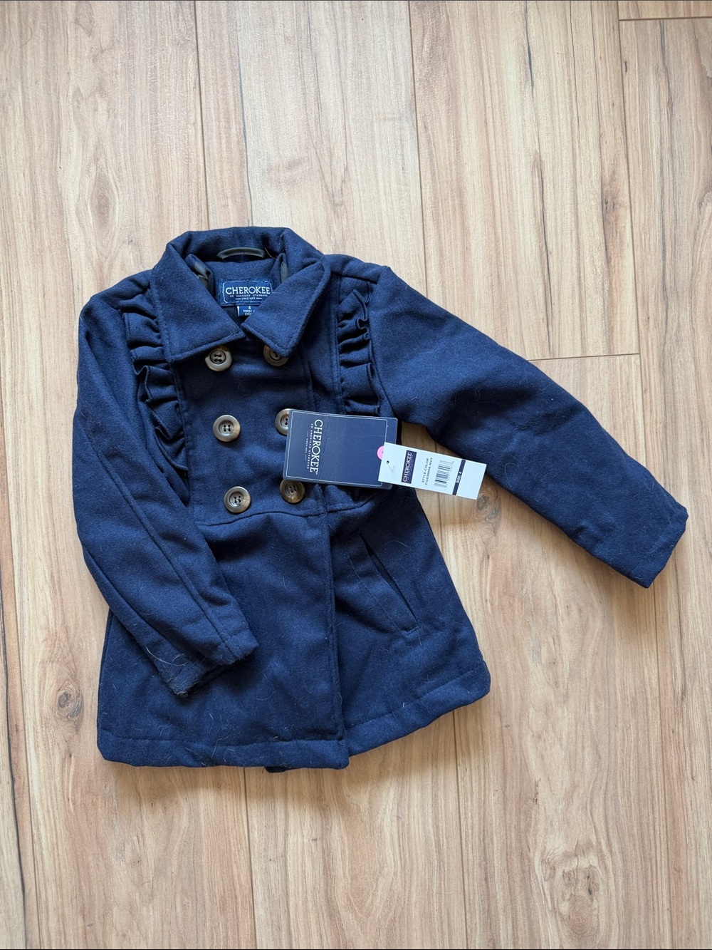 Cherokee Girls' Navy Double-Breasted Pea Coat with Ruffle Trim